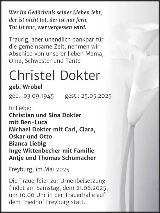 Traueranzeige von Christel Dokter von Super Sonntag Naumburg/Nebra