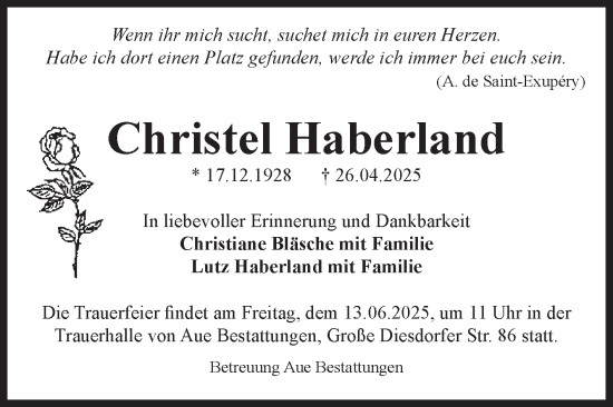 Traueranzeige von Christel Haberland von Volksstimme Magdeburg