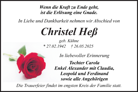 Traueranzeige von Christel Heß von Trauerkombi Dessau