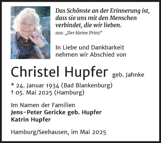 Traueranzeige von Christel Hupfer 
