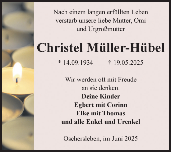 Traueranzeige von Christel Müller-Hübel von Volksstimme Oschersleben/Wanzleben