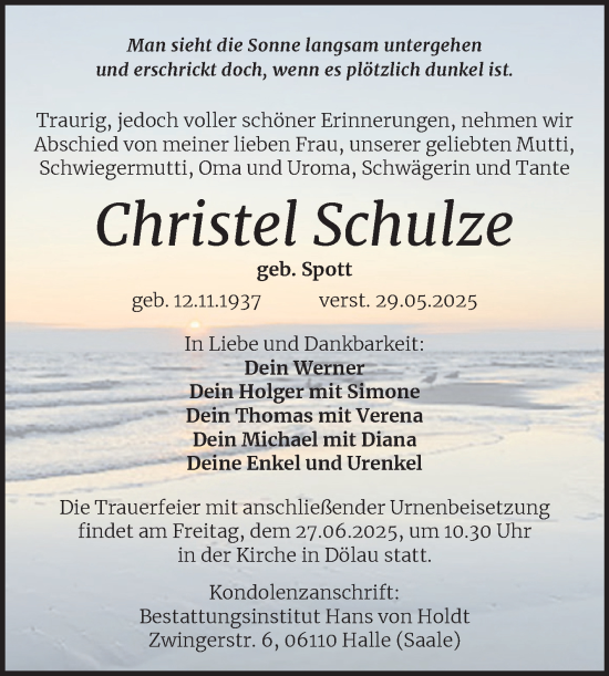 Traueranzeige von Christel Schulze von Mitteldeutsche Zeitung Halle/Saalkreis