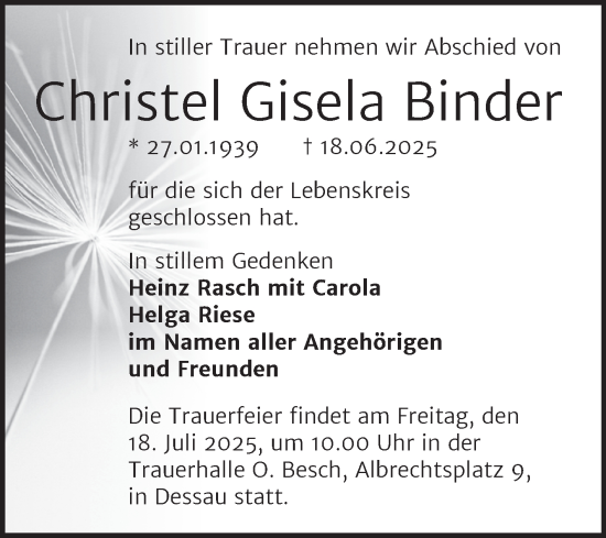 Traueranzeige von Christel Gisela Binder von Trauerkombi Dessau