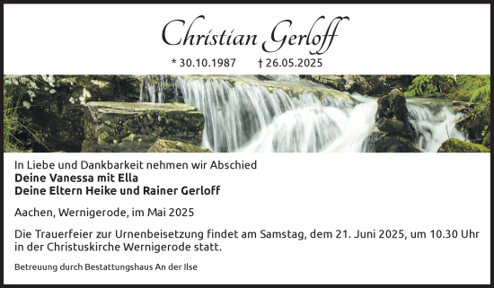 Traueranzeige von Christian Gerloff von Volksstimme Halberstadt