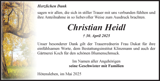 Traueranzeige von Christian Heidl von Volksstimme Oschersleben/Wanzleben