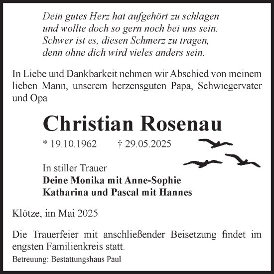 Traueranzeige von Christian Rosenau von Volksstimme Altmark West