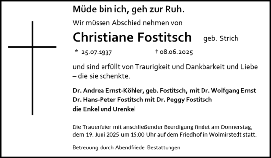 Traueranzeige von Christiane Fostitsch von Volksstimme Haldensleben/Wolmirstedt