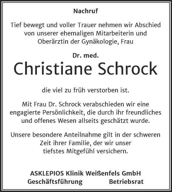Traueranzeige von Christiane Schrock von Super Sonntag Weißenfels