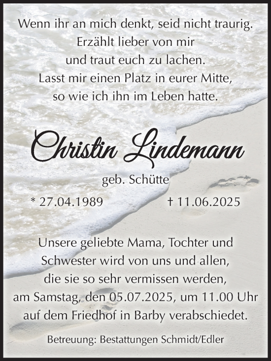 Traueranzeige von Christin Lindemann von Volksstimme Schönebeck