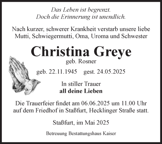 Traueranzeige von Christina Greye von Volksstimme Staßfurt