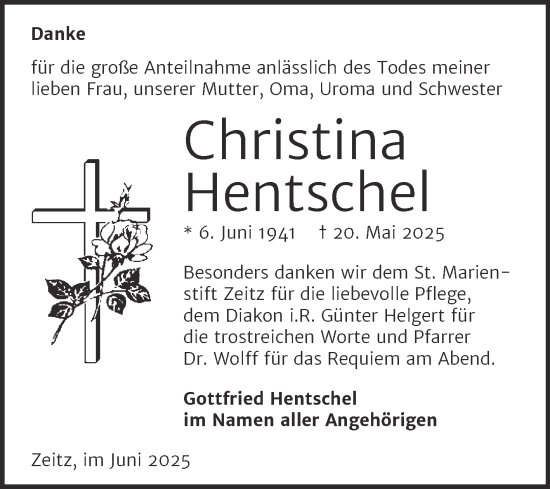 Traueranzeige von Christina Hentschel von Trauerkombi Zeitz