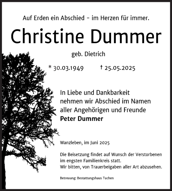 Traueranzeige von Christine Dummer von Volksstimme Oschersleben/Wanzleben
