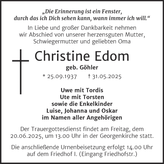 Traueranzeige von Christine Edom von Trauerkombi Dessau