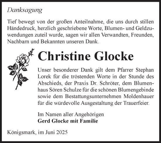 Traueranzeige von Christine Glocke von Volksstimme Altmark Ost