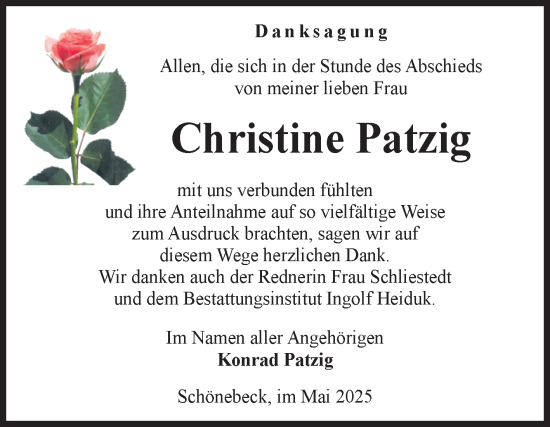 Traueranzeige von Christine Patzig von Volksstimme Schönebeck