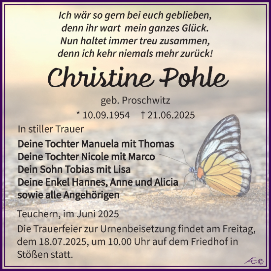 Traueranzeige von Christine Pohle von Super Sonntag Naumburg/Nebra