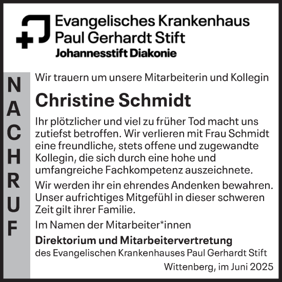 Traueranzeige von Christine Schmidt von Super Sonntag Wittenberg