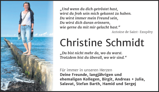 Traueranzeige von Christine Schmidt von Trauerkombi Wittenberg