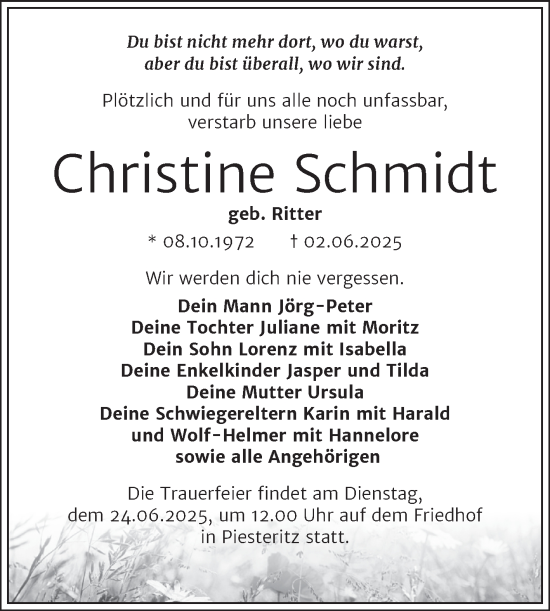 Traueranzeige von Christine Schmidt von Trauerkombi Wittenberg