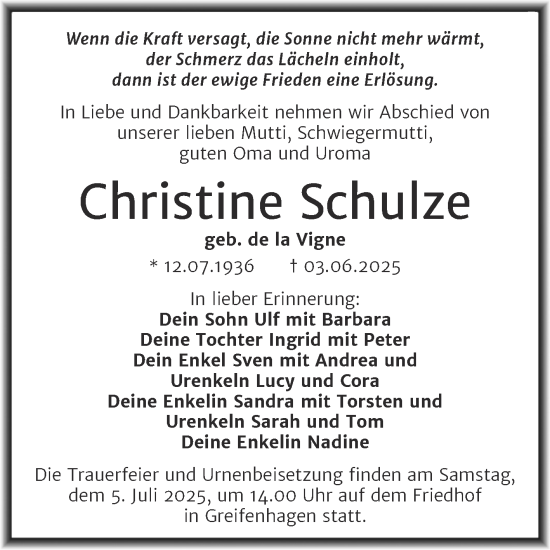 Traueranzeige von Christine Schulze von Super Sonntag Mansfelder Land