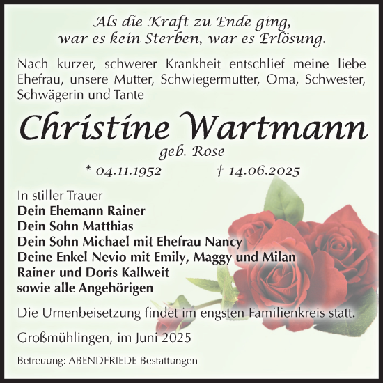 Traueranzeige von Christine Wartmann von Volksstimme Schönebeck