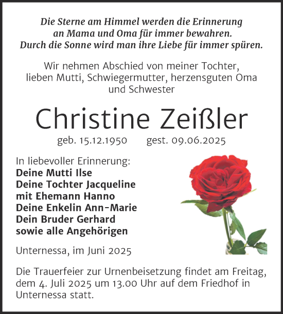 Traueranzeige von Christine Zeißler von Trauerkombi Weißenfels
