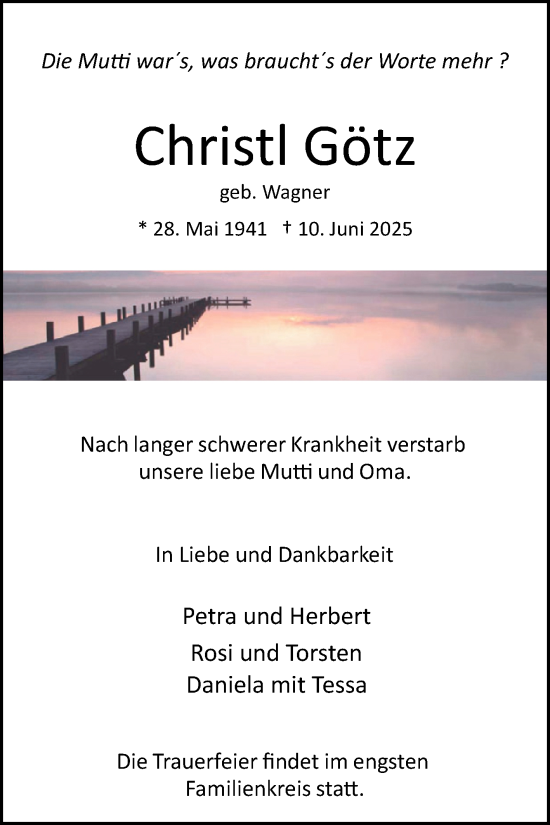 Traueranzeige von Christl Götz von Super Sonntag Merseburg/Querfurt