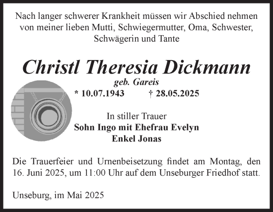 Traueranzeige von Christl Theresia Dickmann von Volksstimme Staßfurt