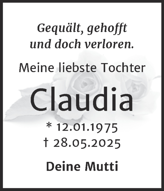 Traueranzeige von Claudia  von Mitteldeutsche Zeitung Halle/Saalkreis