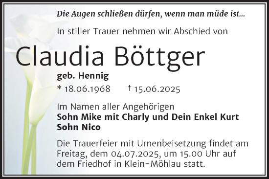 Traueranzeige von Claudia Böttger von Trauerkombi Wittenberg