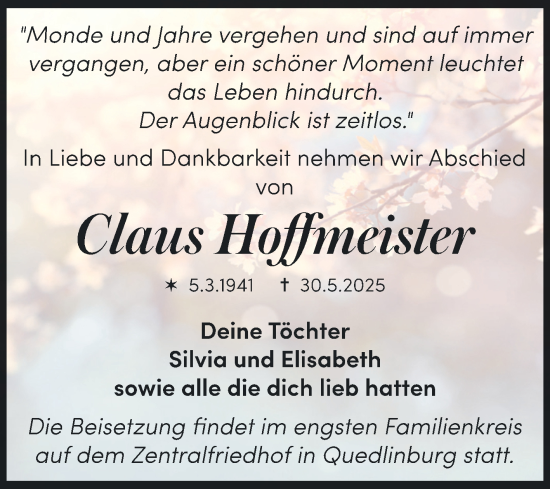 Traueranzeige von Claus Hoffmeister von Trauerkombi Quedlinburg