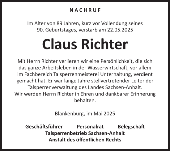 Traueranzeige von Claus Richter von Volksstimme Wernigerode