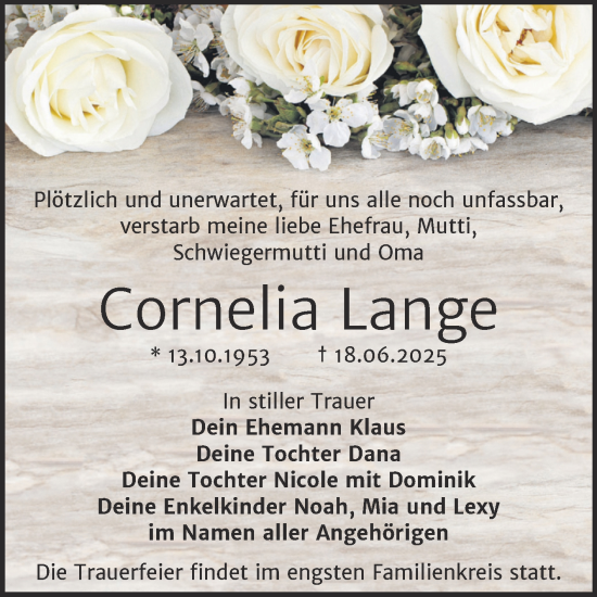 Traueranzeige von Cornelia Lange von Trauerkombi Wittenberg