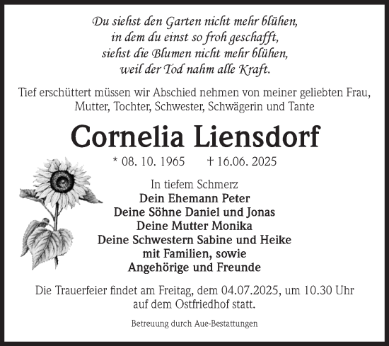 Traueranzeige von Cornelia Liensdorf von Volksstimme Magdeburg