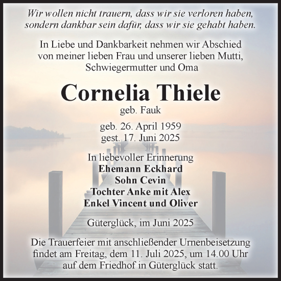 Traueranzeige von Cornelia Thiele von Volksstimme Zerbst