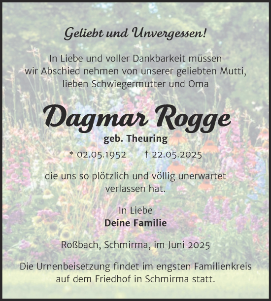 Traueranzeige von Dagmar Rogge von Trauerkombi Merseburg