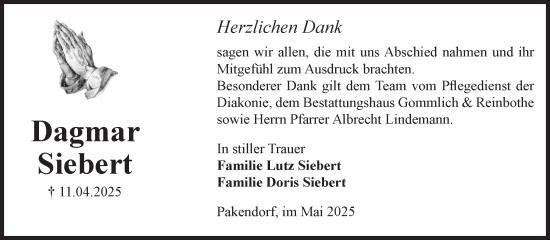 Traueranzeige von Dagmar Siebert von Volksstimme Zerbst