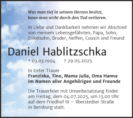 Traueranzeige von Daniel Hablitzschka von Trauerkombi Bernburg