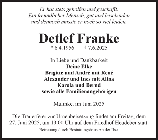 Traueranzeige von Detlef Franke von Volksstimme Wernigerode