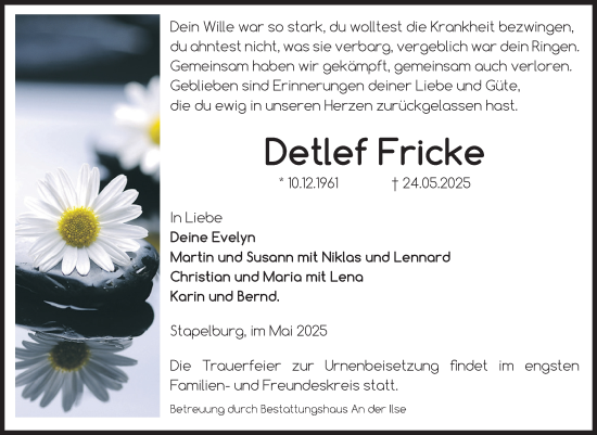 Traueranzeige von Detlef Fricke von Volksstimme Wernigerode