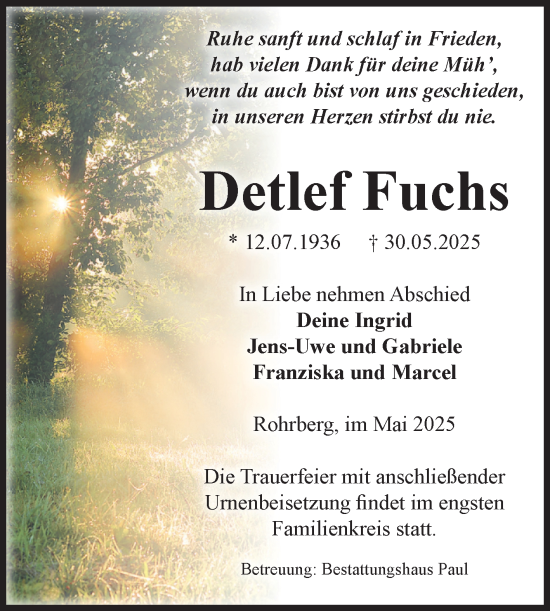 Traueranzeige von Detlef Fuchs von Volksstimme Altmark West
