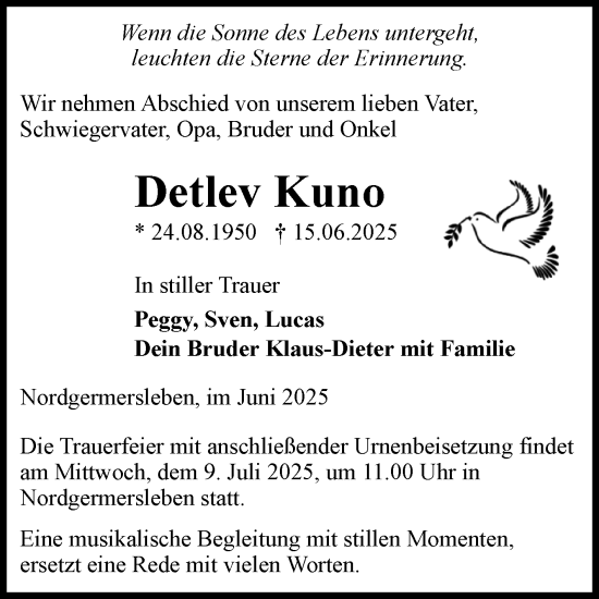 Traueranzeige von Detlev Kuno von Volksstimme Haldensleben/Wolmirstedt