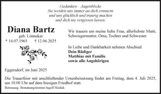Traueranzeige von Diana Bartz von Volksstimme Schönebeck
