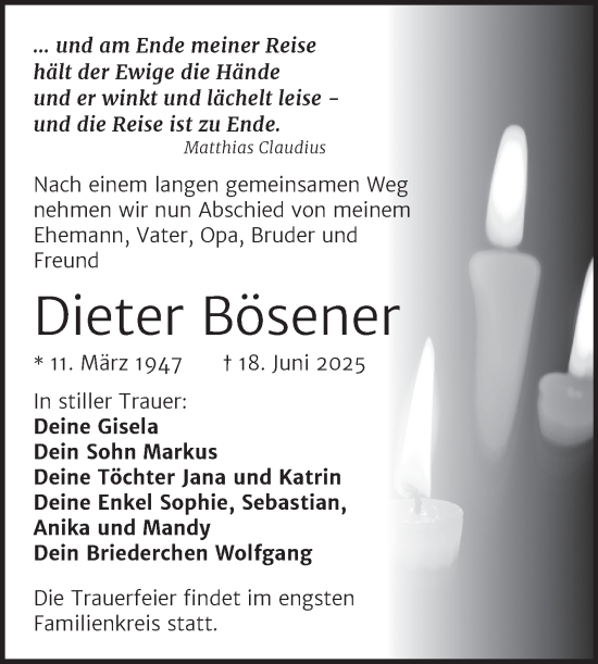 Traueranzeige von Dieter Bösener von Trauerkombi Dessau