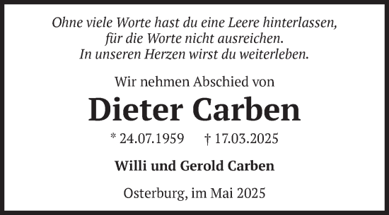 Traueranzeige von Dieter Carben von Volksstimme Altmark Ost