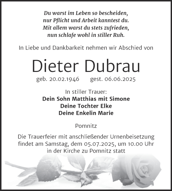 Traueranzeige von Dieter Dubrau von Super Sonntag Naumburg/Nebra