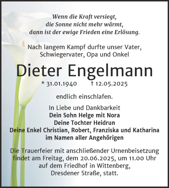 Traueranzeige von Dieter Engelmann von Trauerkombi Wittenberg