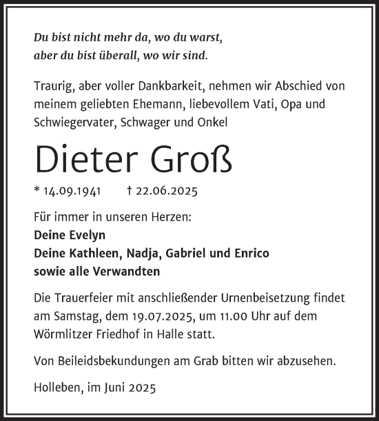 Traueranzeige von Dieter Groß von Mitteldeutsche Zeitung Halle/Saalkreis