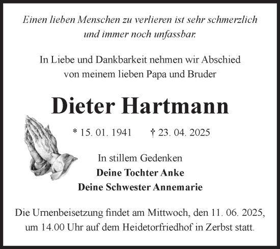 Traueranzeige von Dieter Hartmann von Volksstimme Zerbst