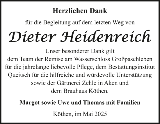 Traueranzeige von Dieter Heidenreich von Trauerkombi Köthen